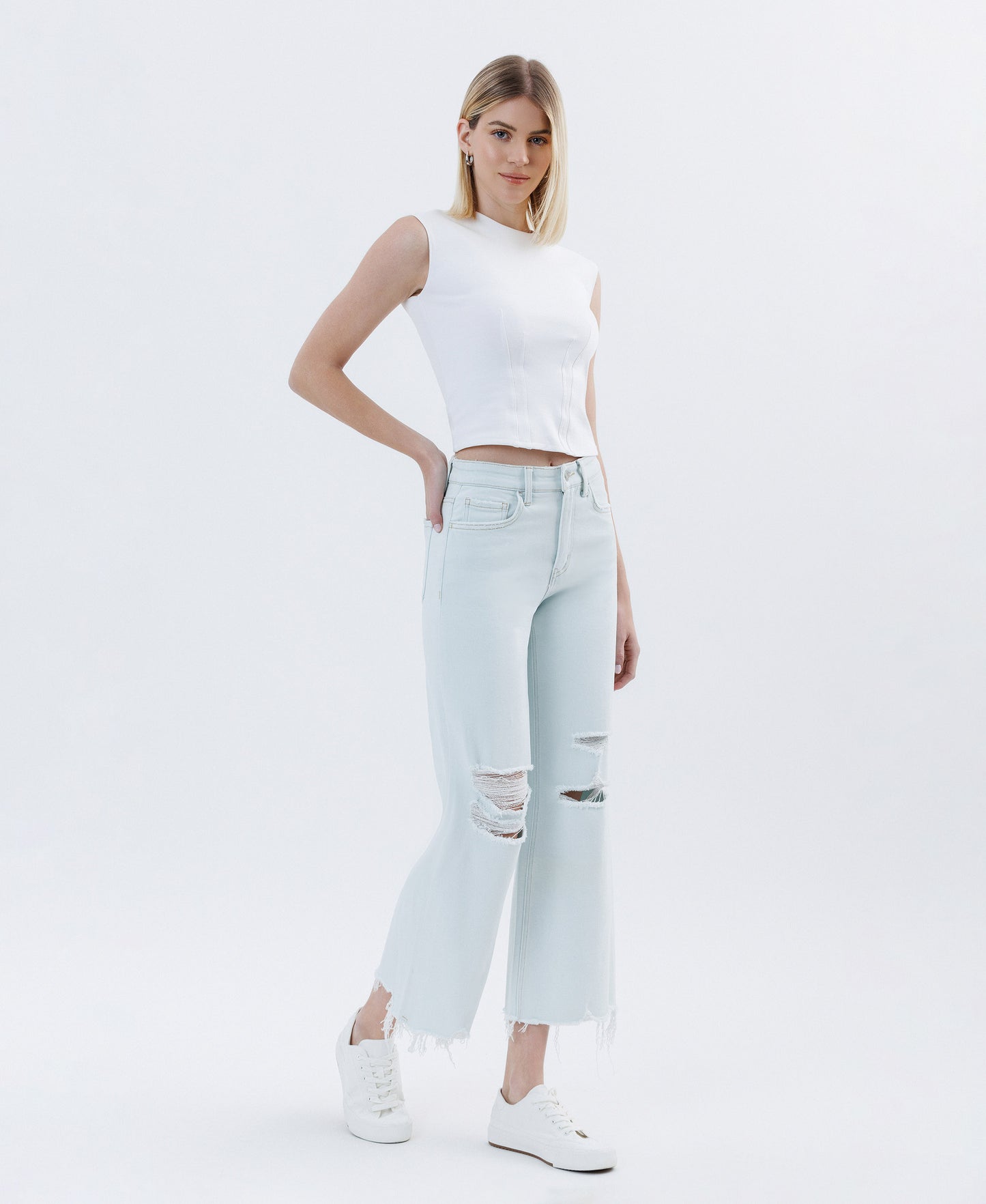 High Rise Distressed Crop Wide Jeans