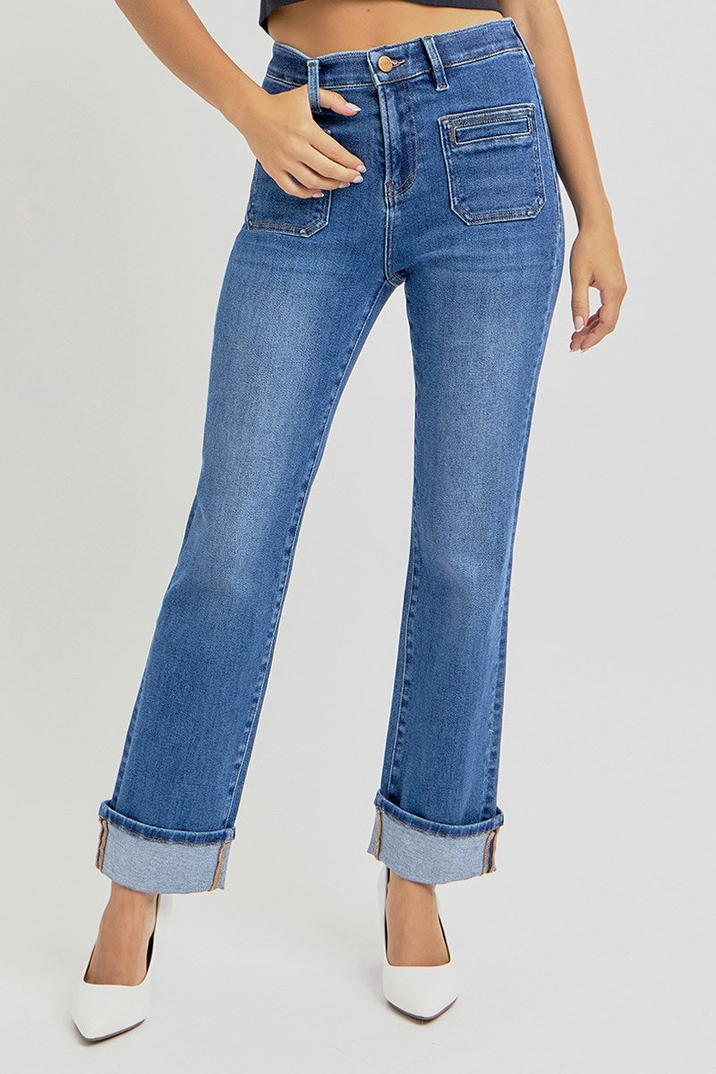 High Rise Ankle Slim Straight Front Pocket Jeans