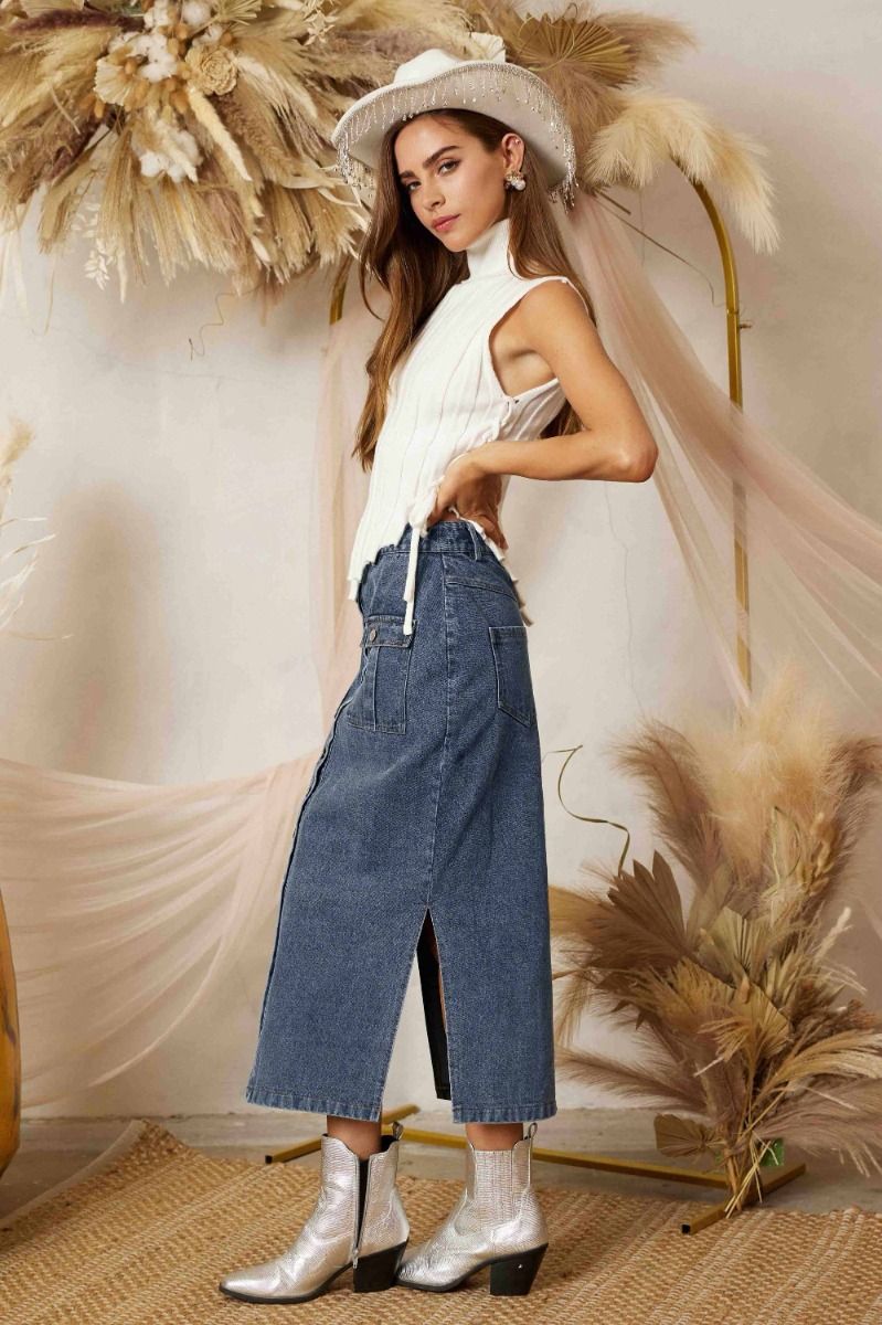 Side Slit Pencil Denim Skirt