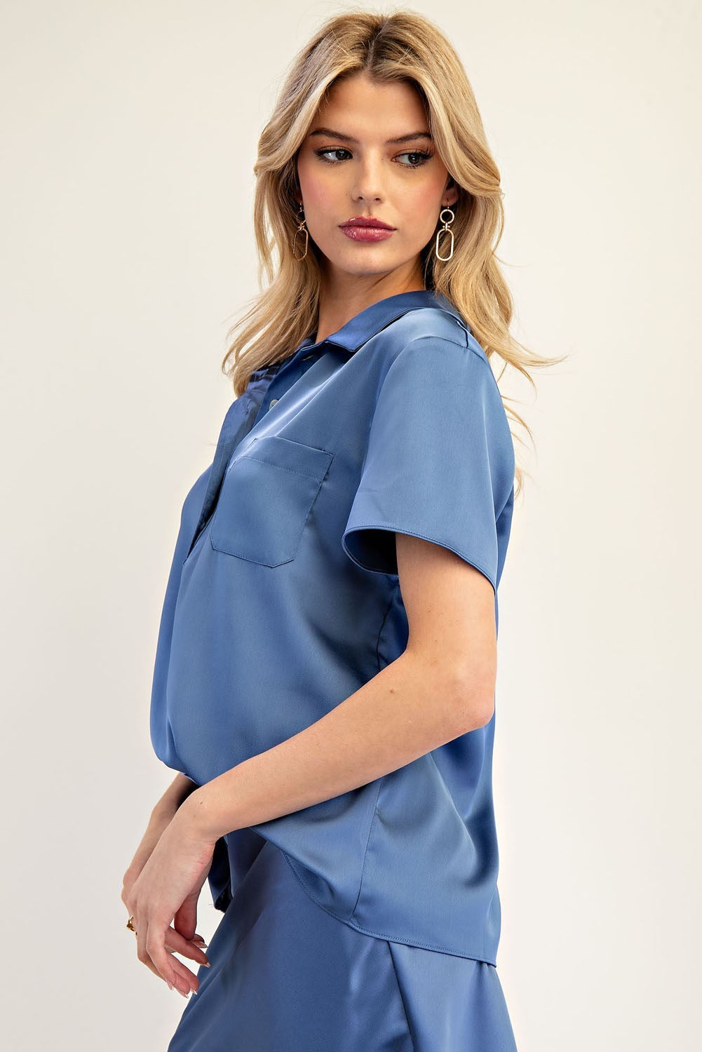 Satin Short Sleeve Blouse Top