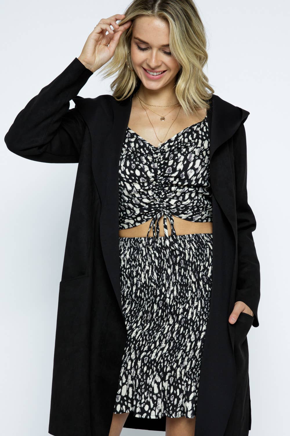 Faux Suede Drape Coat