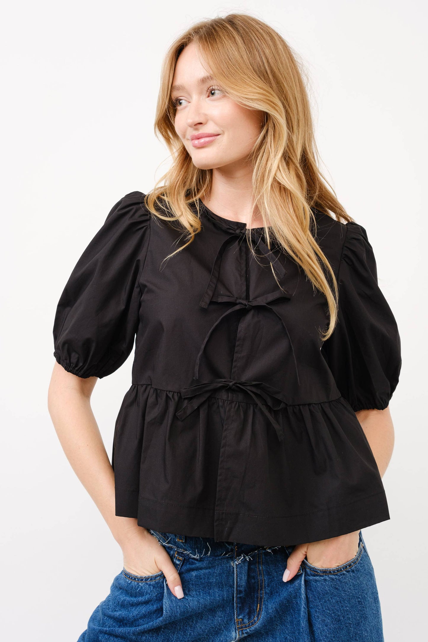 Poplin Front Bow Tie Peplum Blouse With Puff Sleeve