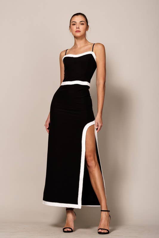 High Waisted Midi Skirt With Slit And Contrast