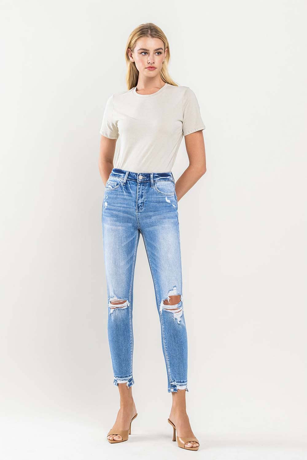 HIGH RISE CROP CONTRAST PANEL SKINNY JEANS