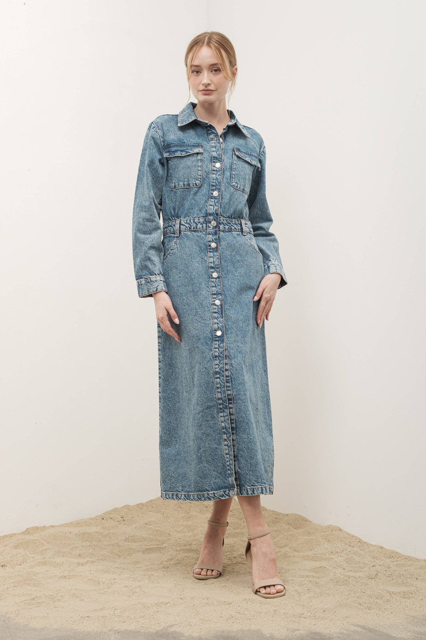 Denim Lapel Collar Maxi Dress