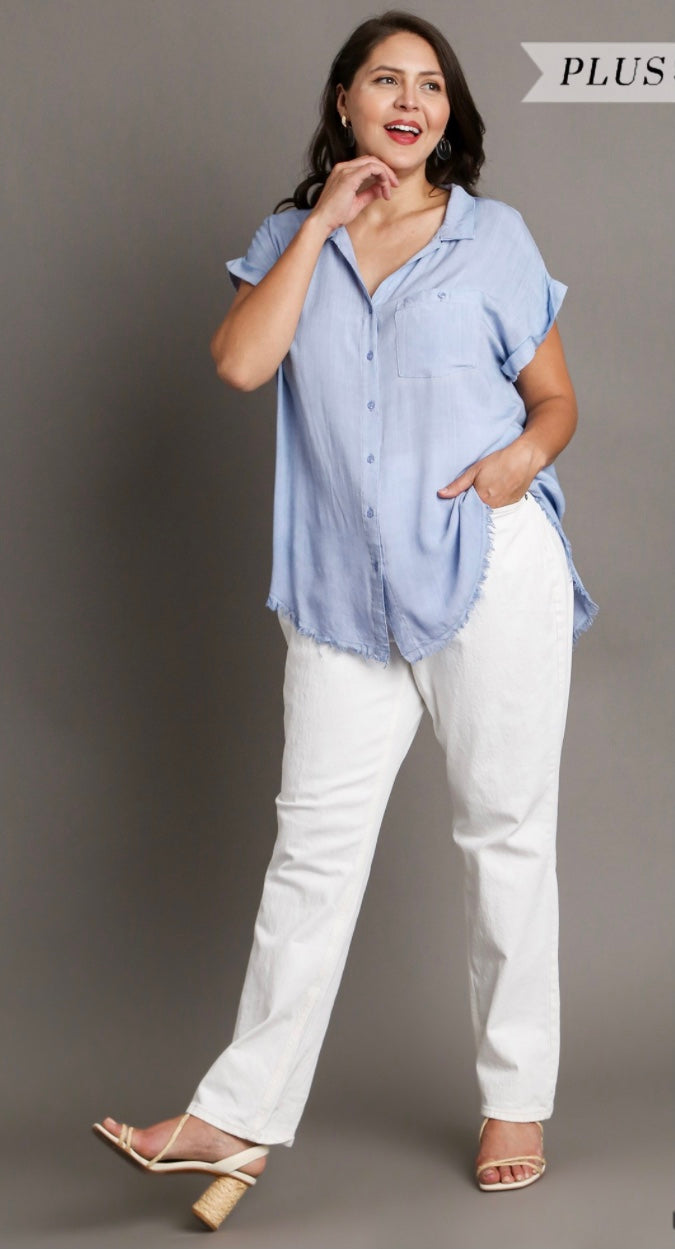 Washed Button Up Short Sleeve Top with Frayed Hemline Extended Size