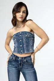 Denim Sleeveless Button Top With Pockets