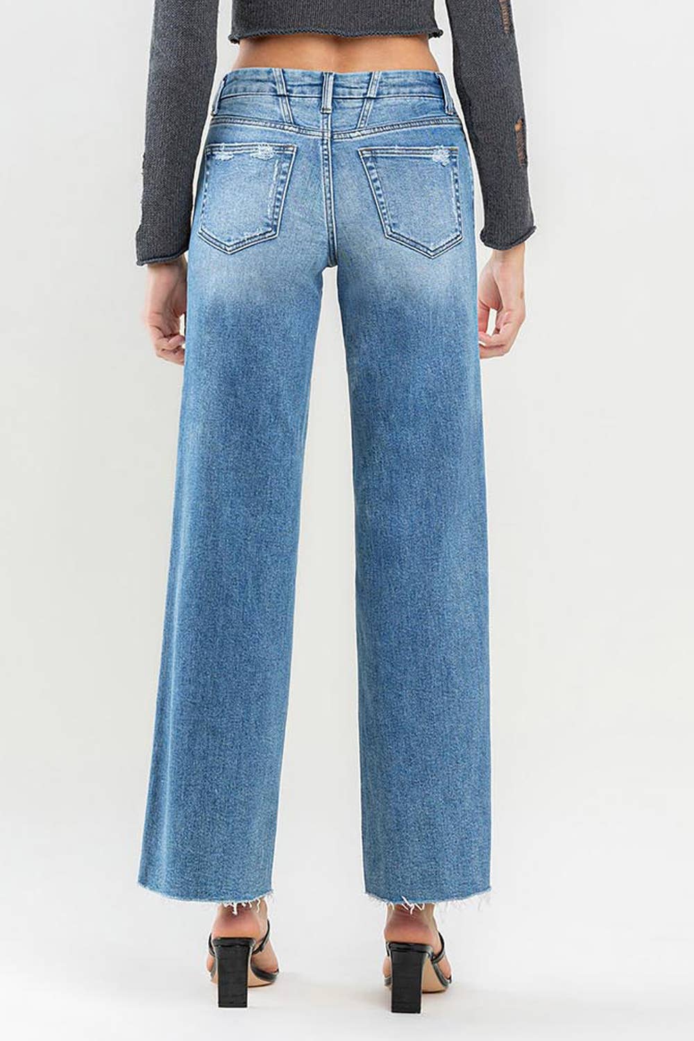 MID RISE ANKLE RAW HEM WIDE LEG JEANS