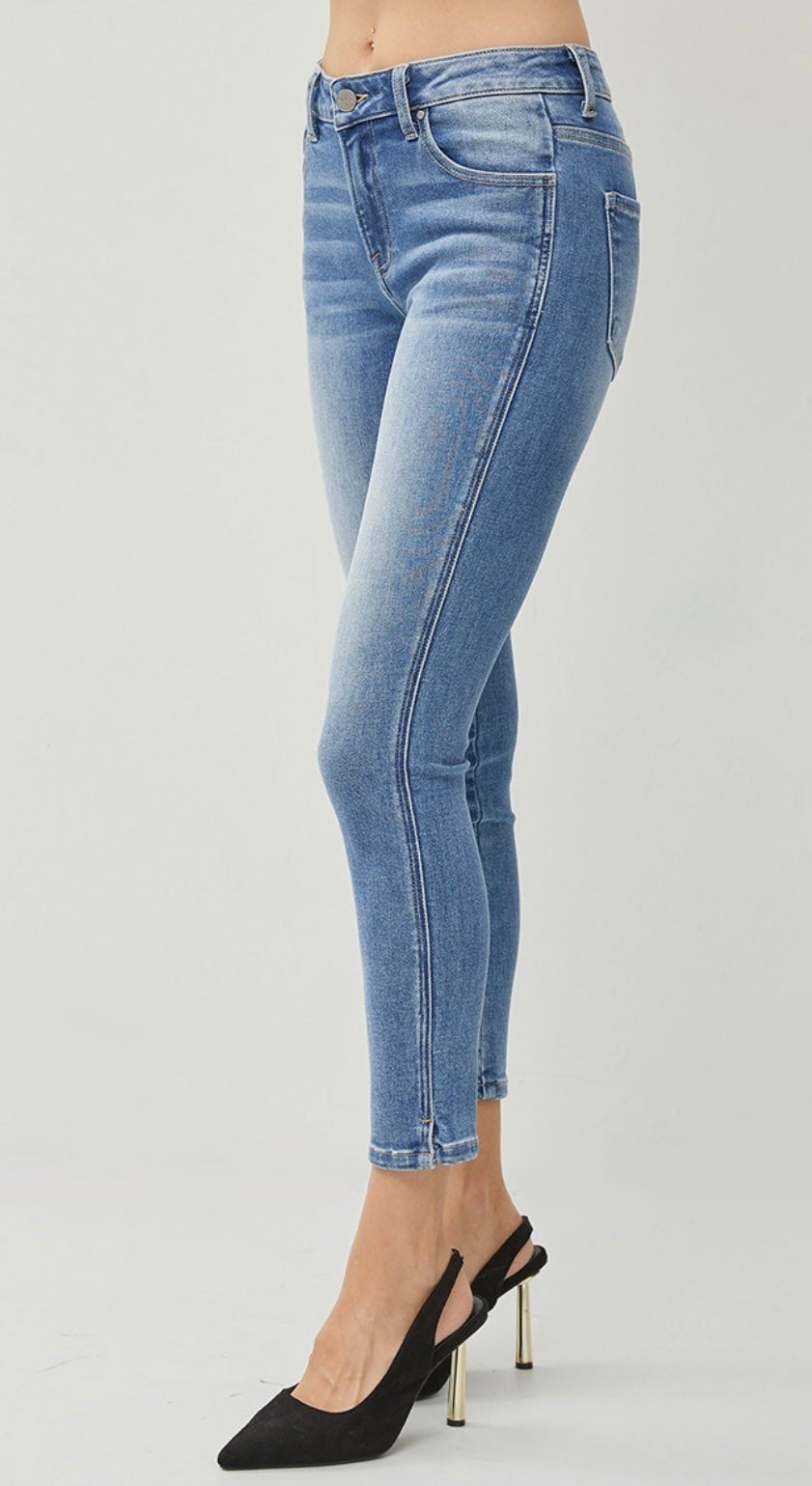 Mid Rise Side Slit Ankle Skinny Jean