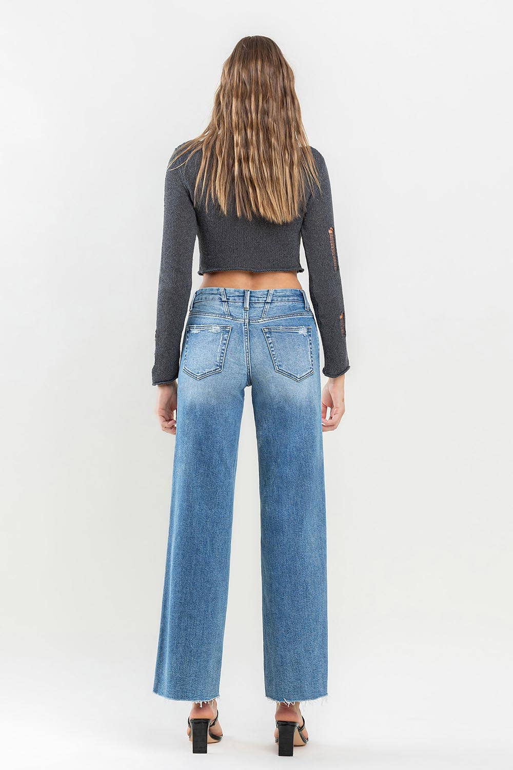 MID RISE ANKLE RAW HEM WIDE LEG JEANS