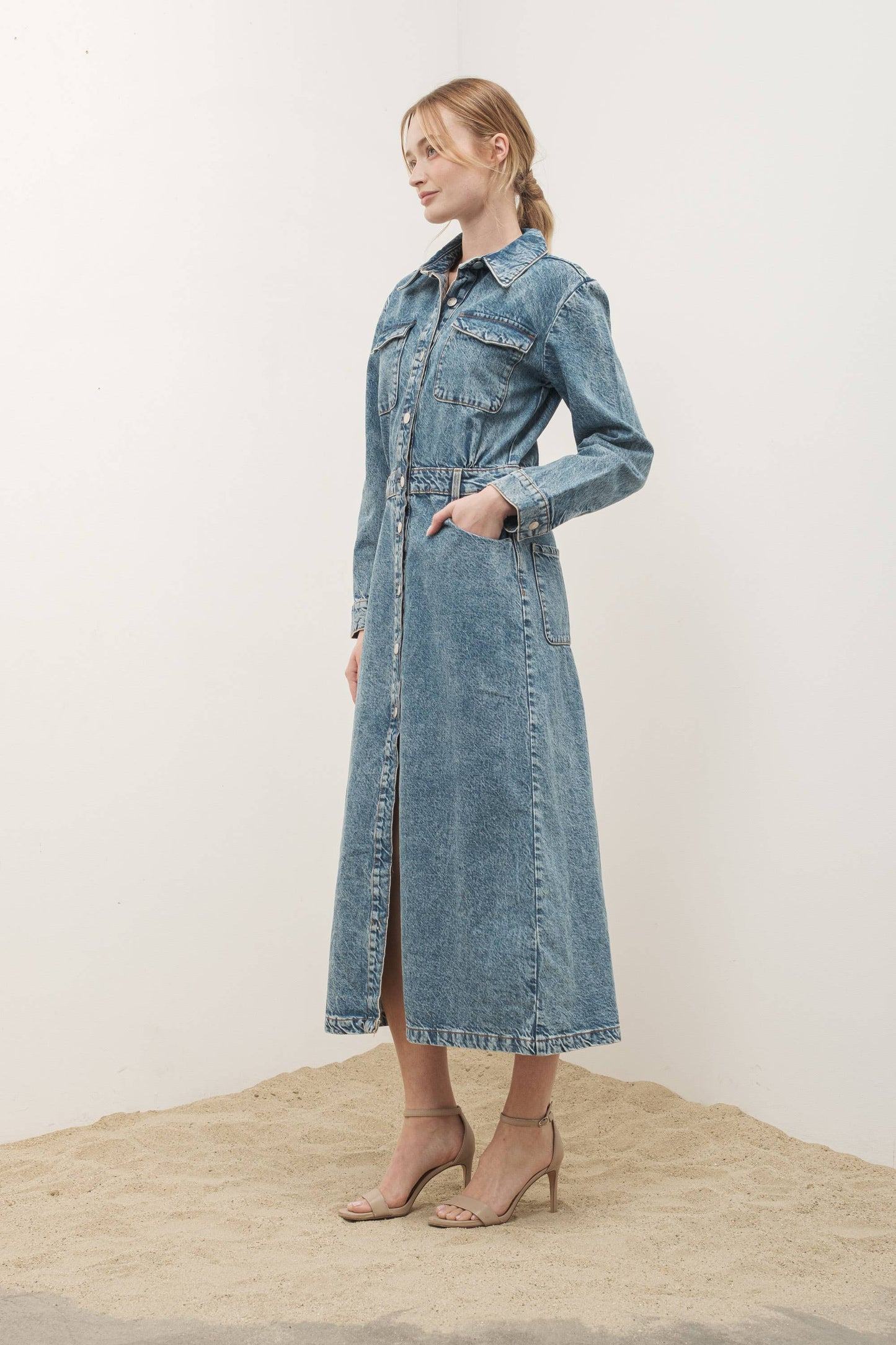 Denim Lapel Collar Maxi Dress