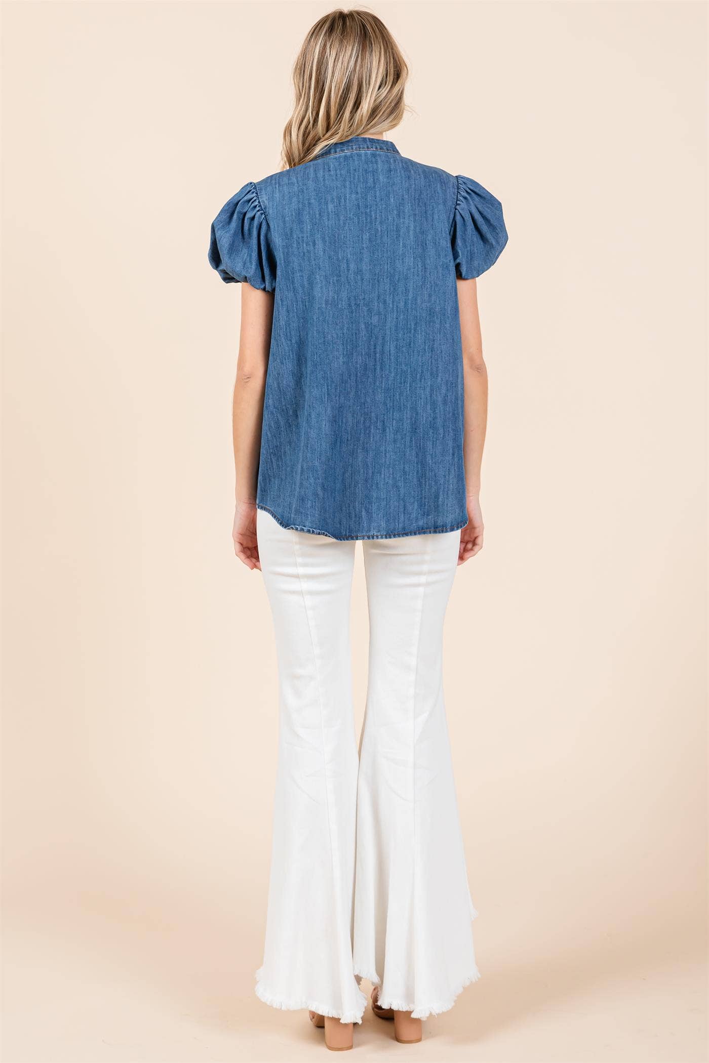 Extended Size Puffed Sleeve Denim Blouse