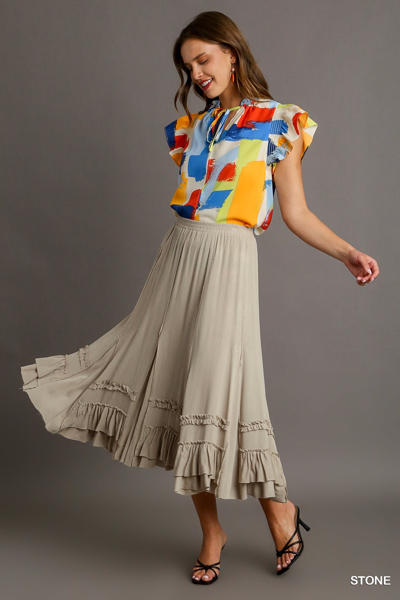 Rayon Elastic Waist Maxi Skirt with Cut Edges Details