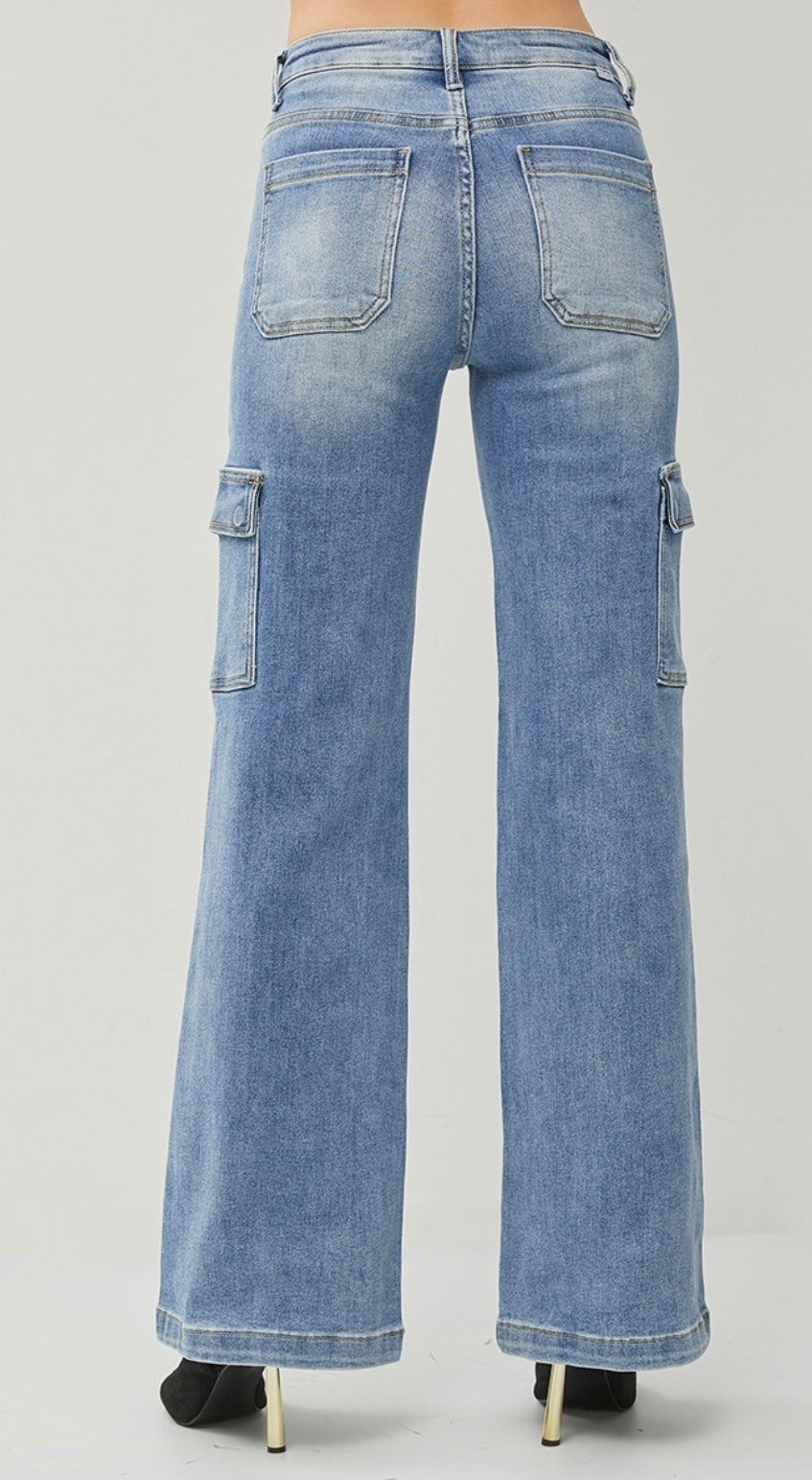 Extended Sizing High Rise Wide Cargo Jeans