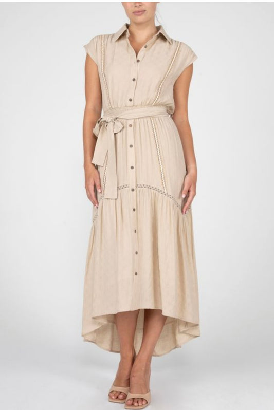 Long Short Sleeve Linen Tiered Dress With Tie