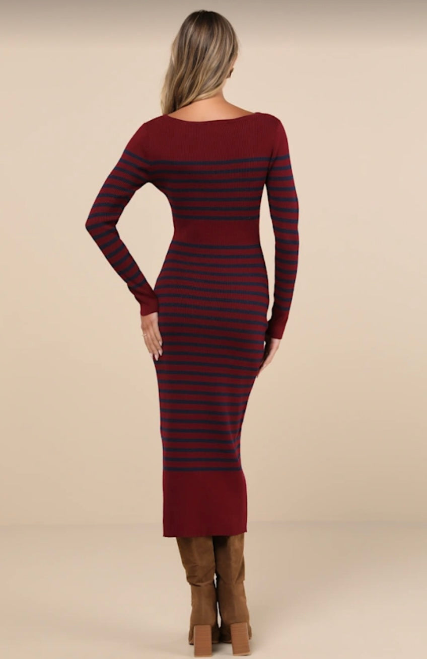 Striped Ribbed Midi Sweater Dress