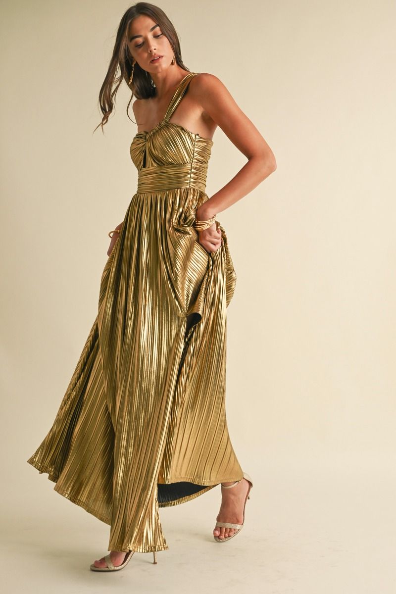 Metallic Pleat Maxi Dress