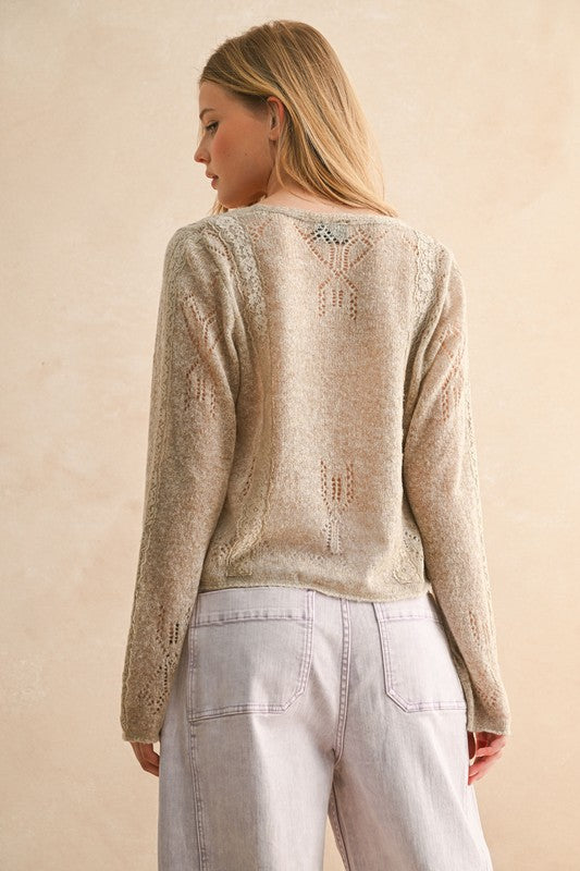 Lace Contrasted Tie Front Knitted Cardigan