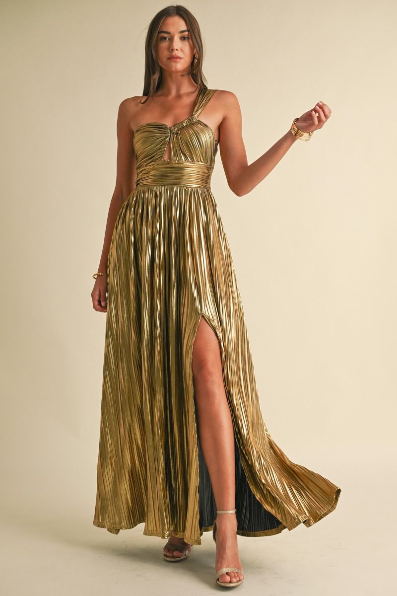 Metallic Pleat Maxi Dress