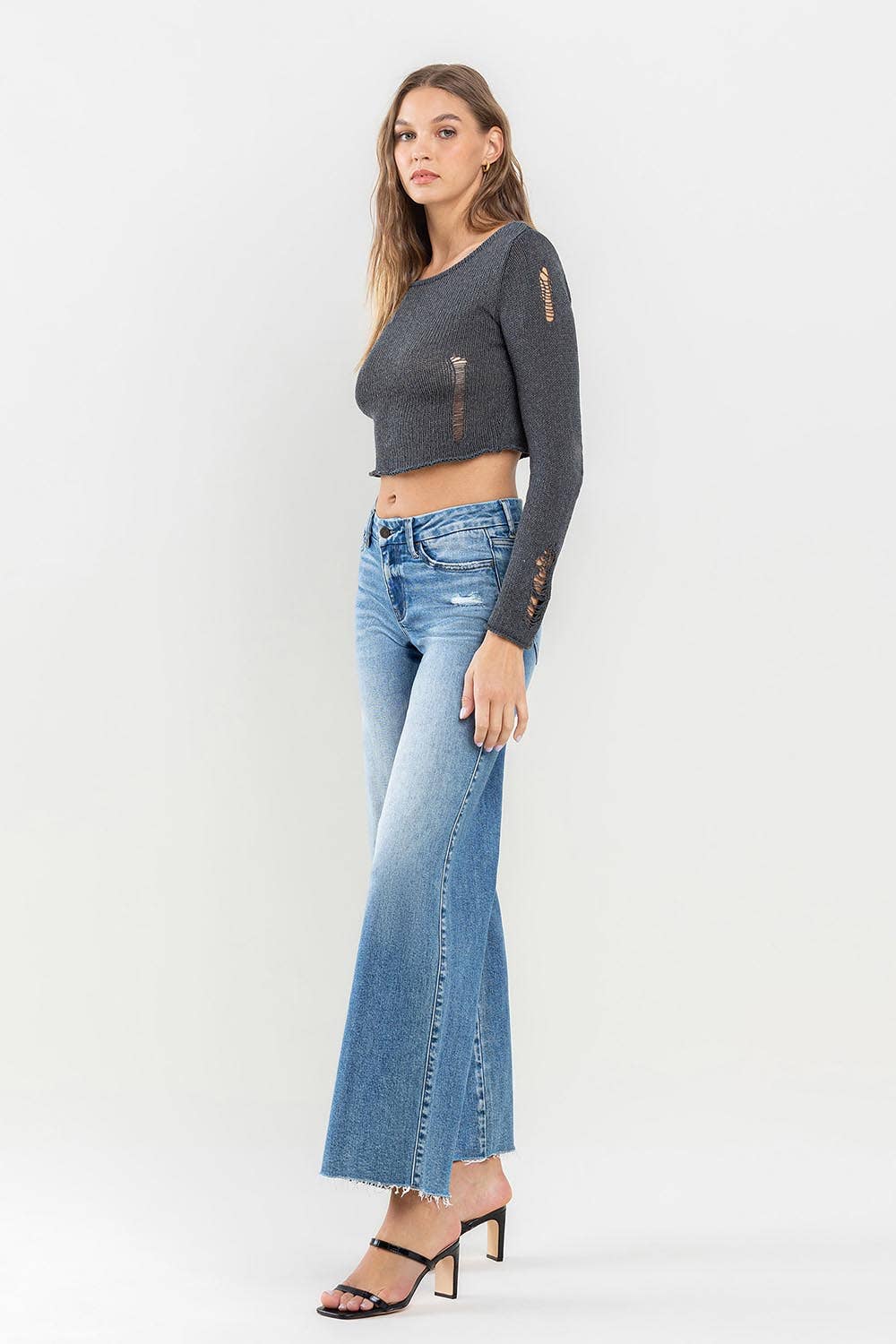 MID RISE ANKLE RAW HEM WIDE LEG JEANS