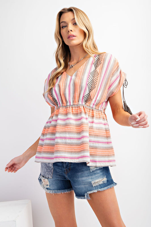 Striped Poly Linen Peplum Top