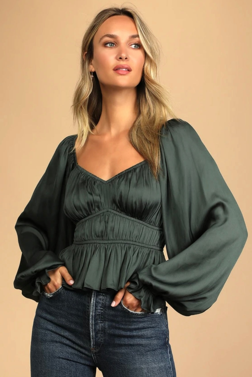 Satin Ruched Long Sleeve Top