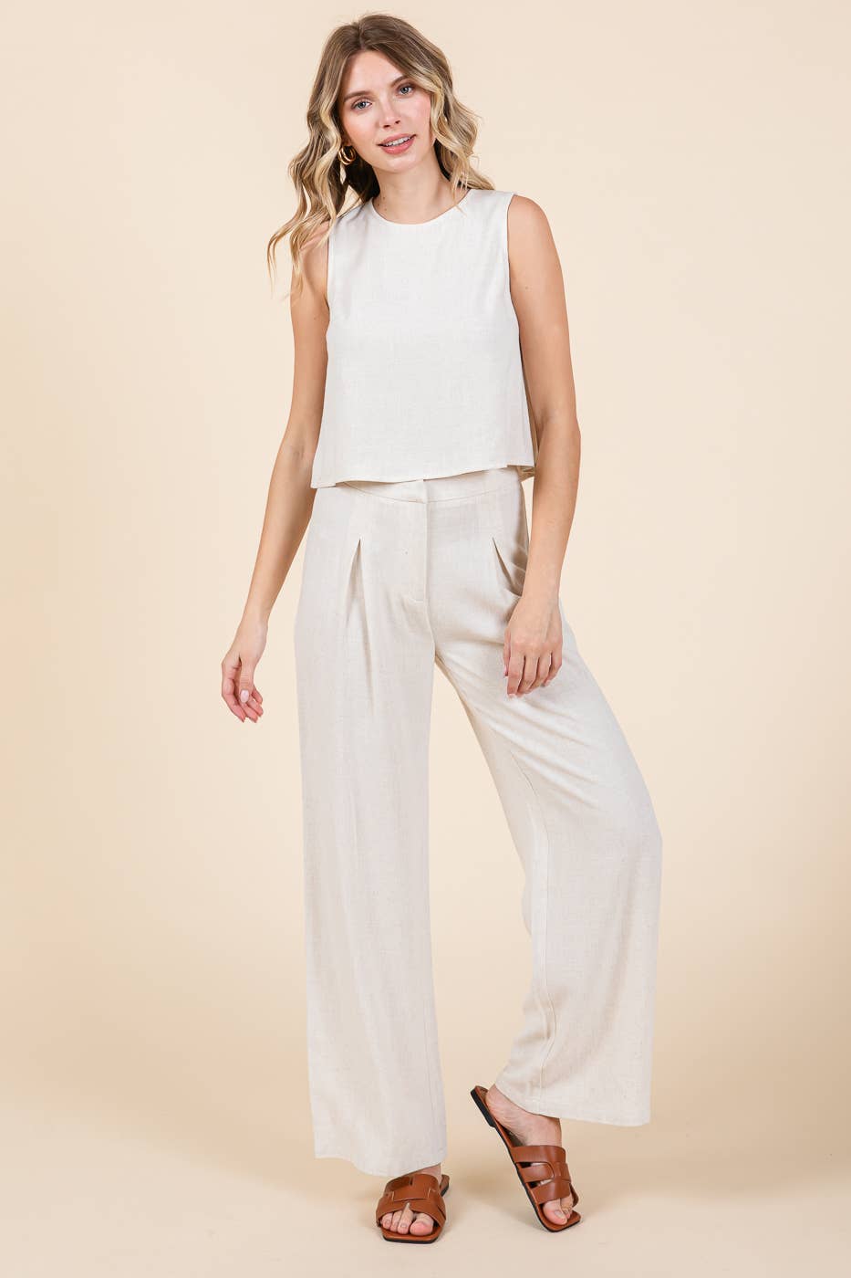 Linen Blend Crop Tank Top Pleated Pant Set