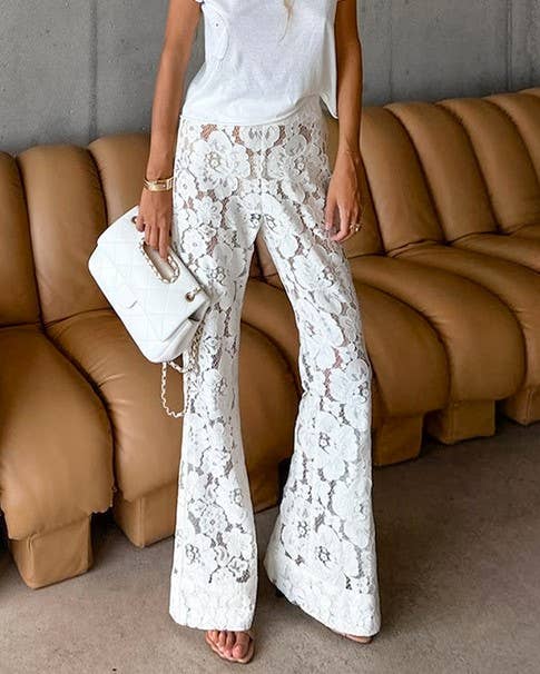 Lace Jacquard Sheer High-Rise Casual Flared Trousers