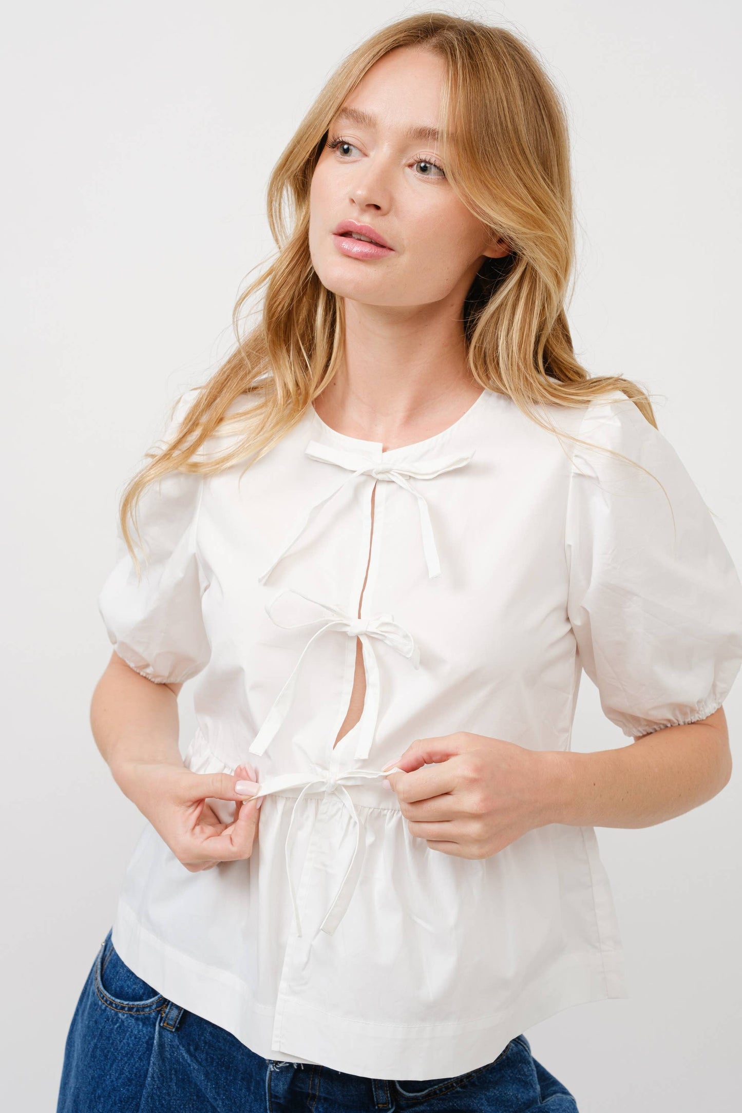 Poplin Front Bow Tie Peplum Blouse With Puff Sleeve