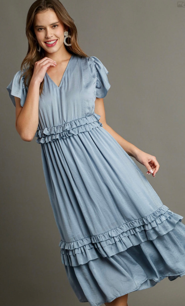 V-Neck Ruffle Trim Maxi Dress with Pleated Details