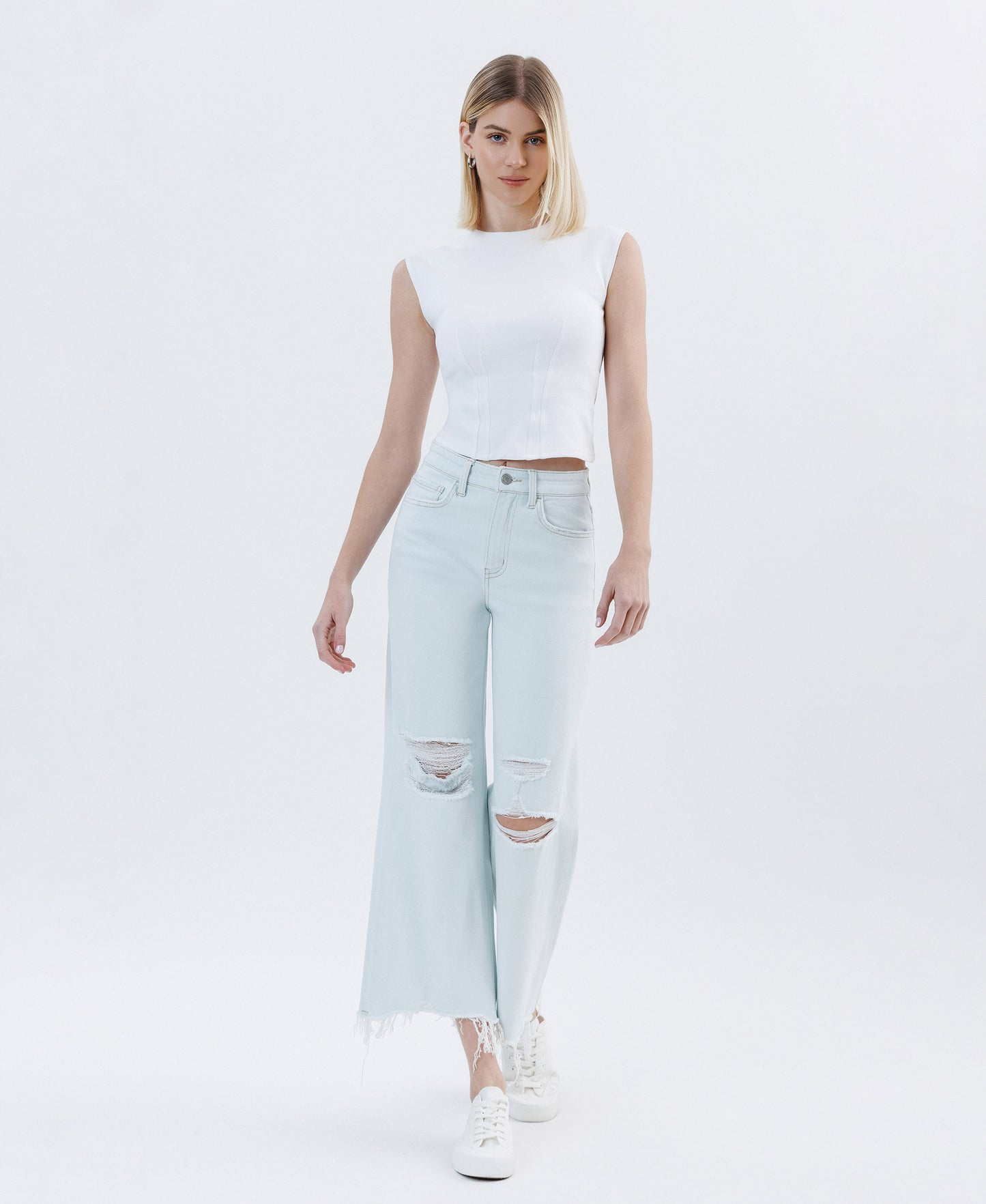 High Rise Distressed Crop Wide Jeans