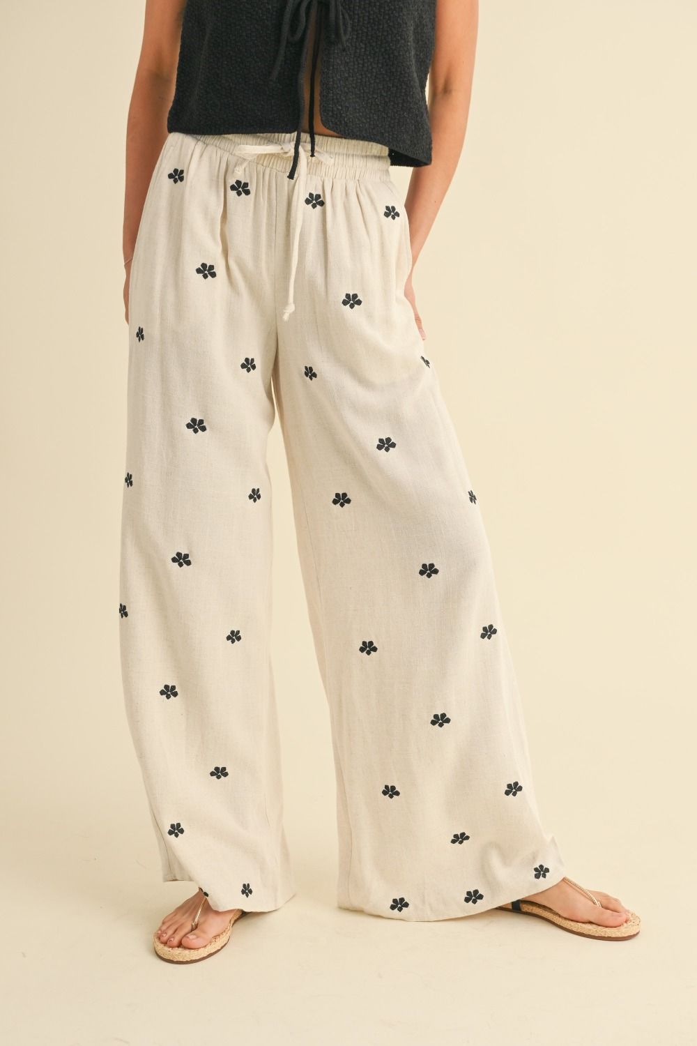 Embroidery Detail Linen Pants