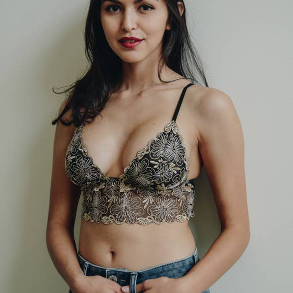 Golden Floral Lace Longline Bralette