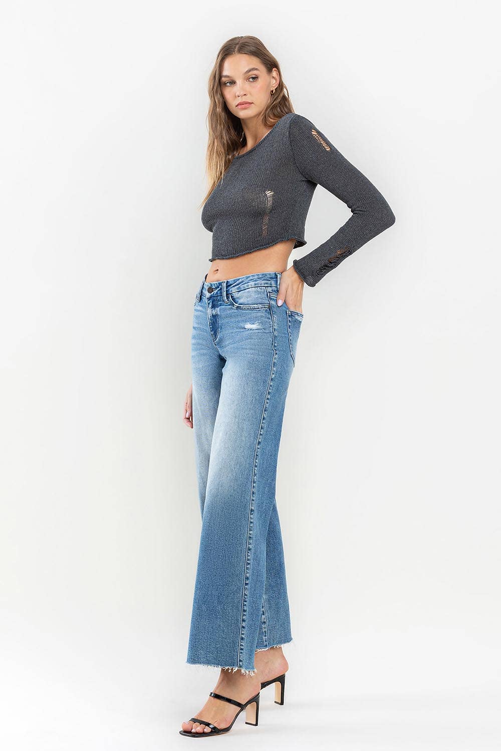 MID RISE ANKLE RAW HEM WIDE LEG JEANS