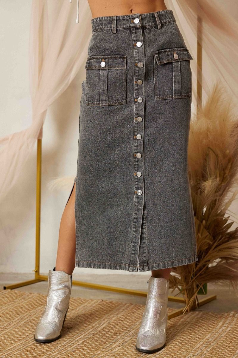 Side Slit Pencil Denim Skirt