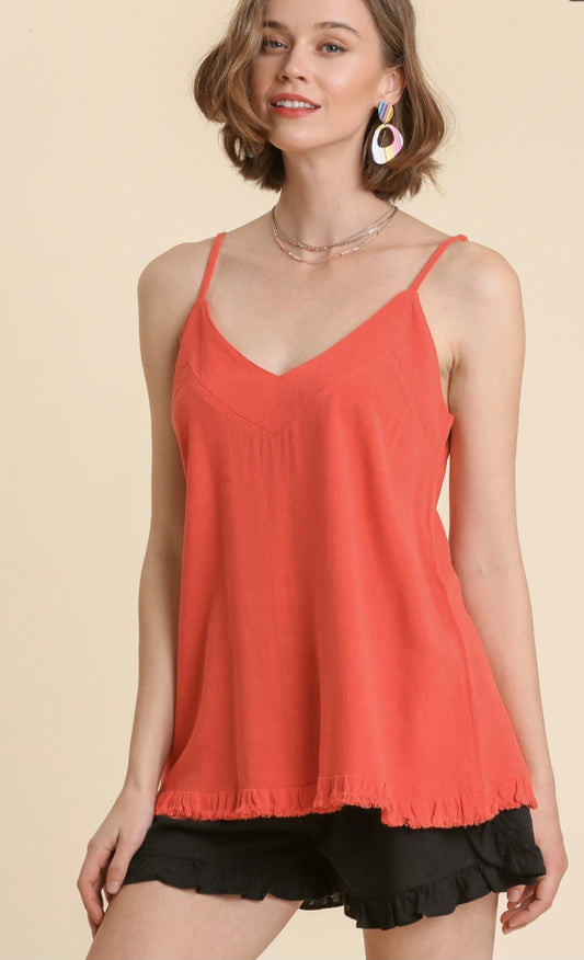 Linen Blend V-Neck Tank Top with Ruffle Hem