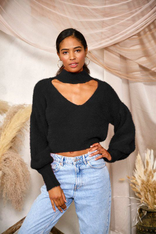 Fuzzy Plunge Neck Sweater