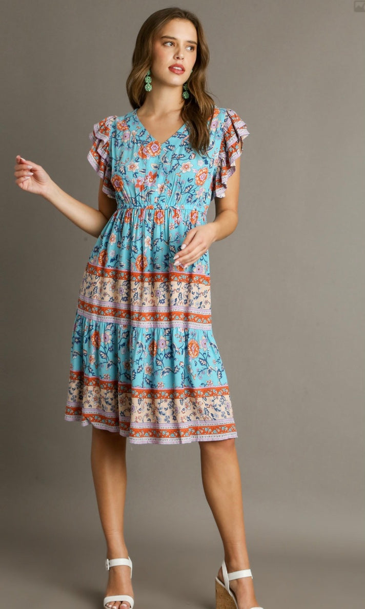 Border Print V-Neck Pleated Midi Dress with Ruffle Sleeve