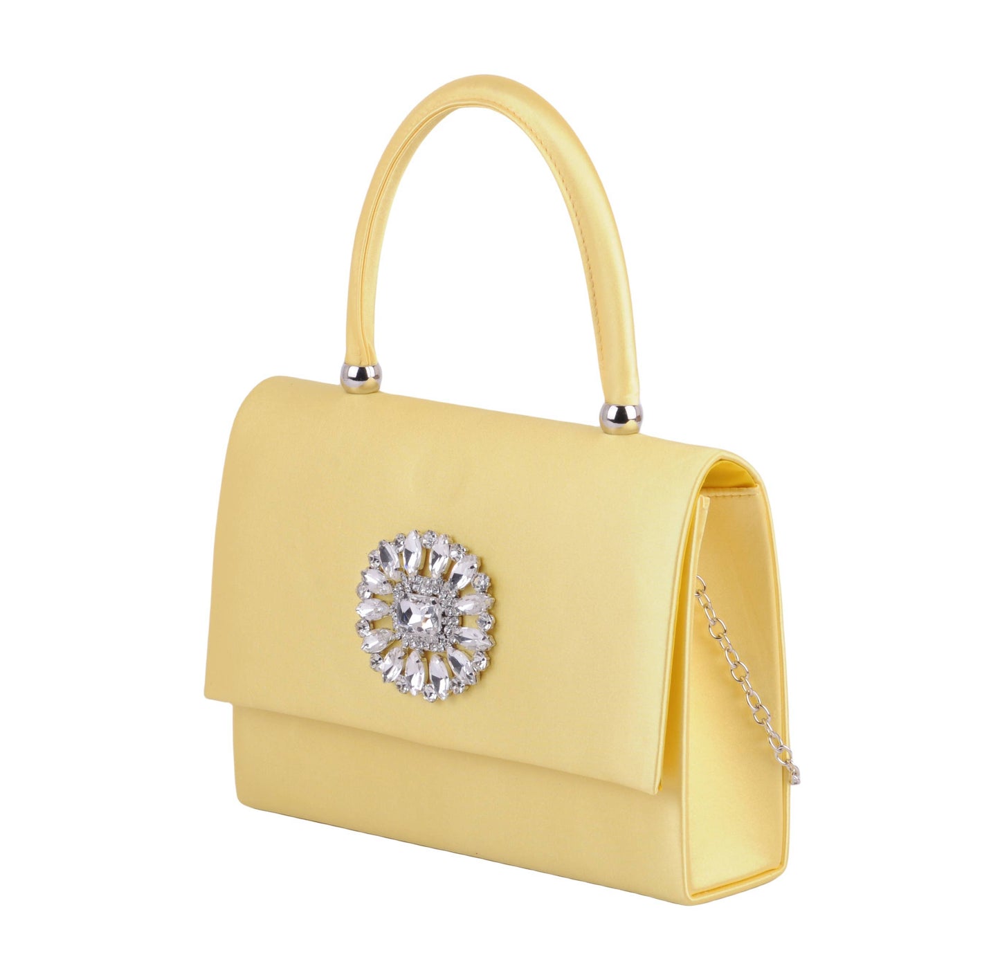 Yellow Satin Satchel Crossbody Bag with Floral Accent