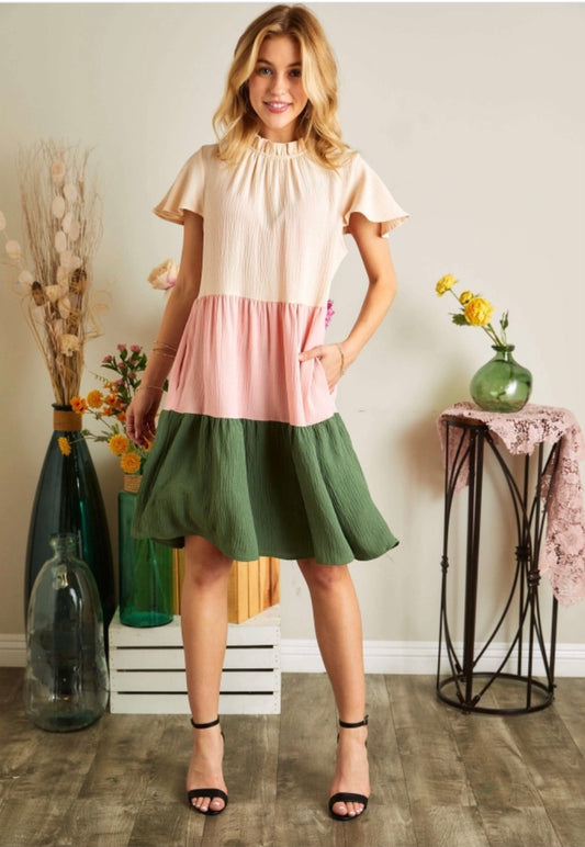 Colorblock Tiered Babydoll Dress