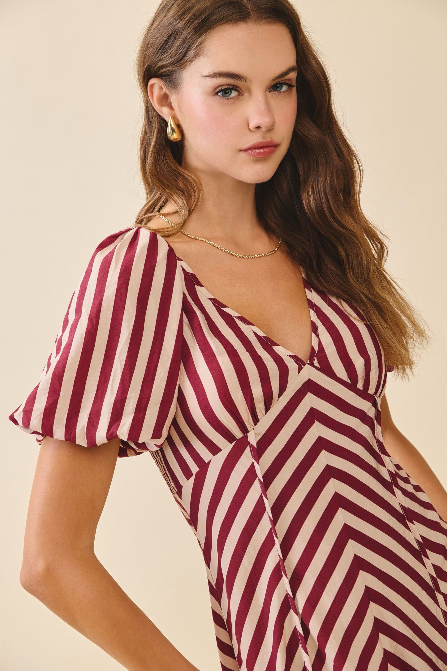 Striped Smocked Bodice V Neck Midi Dress