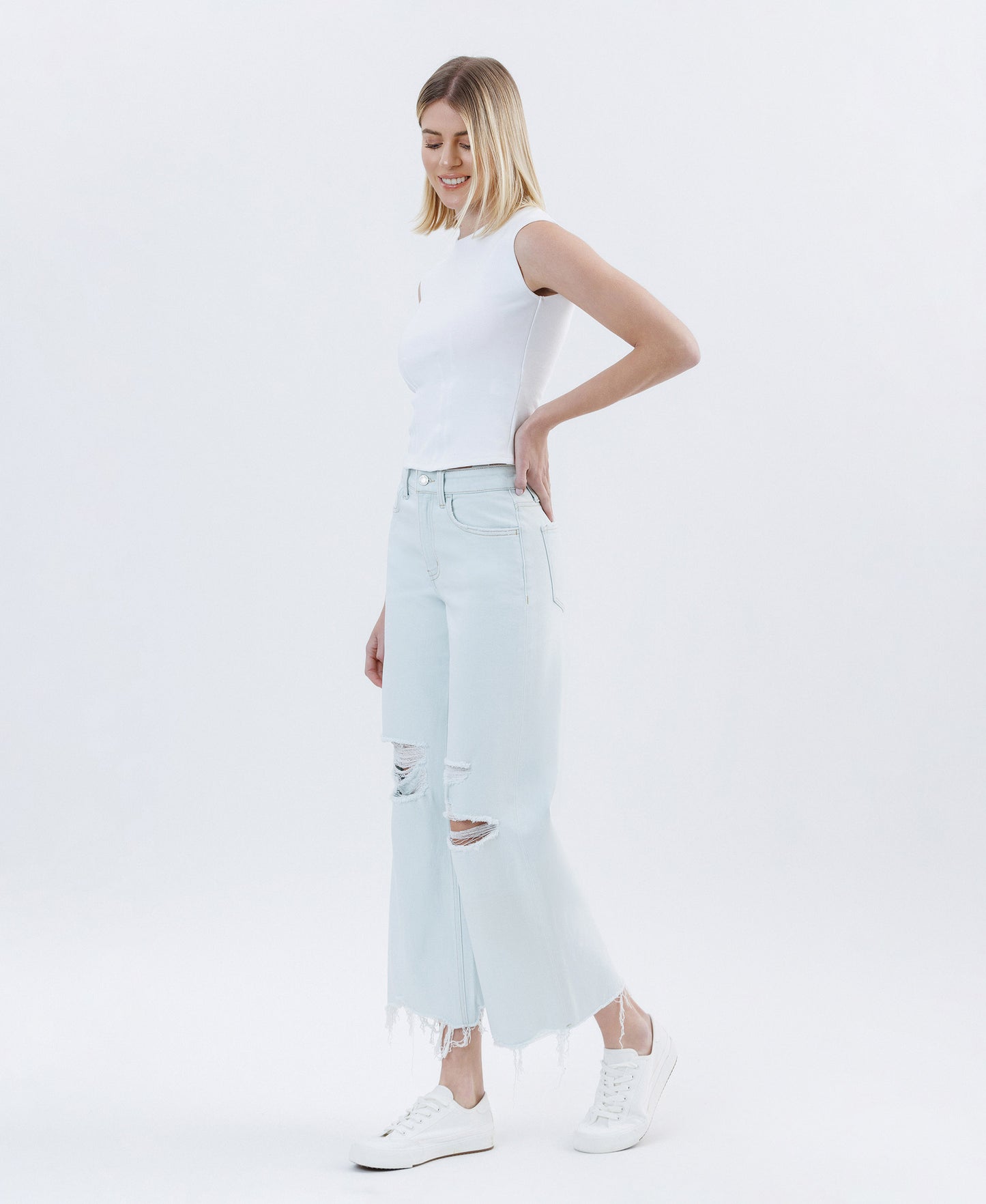 High Rise Distressed Crop Wide Jeans