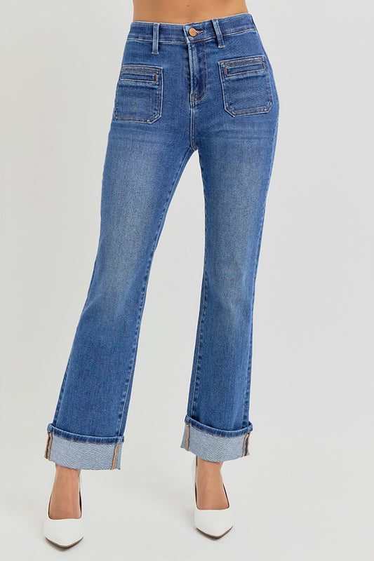 High Rise Ankle Slim Straight Front Pocket Jeans