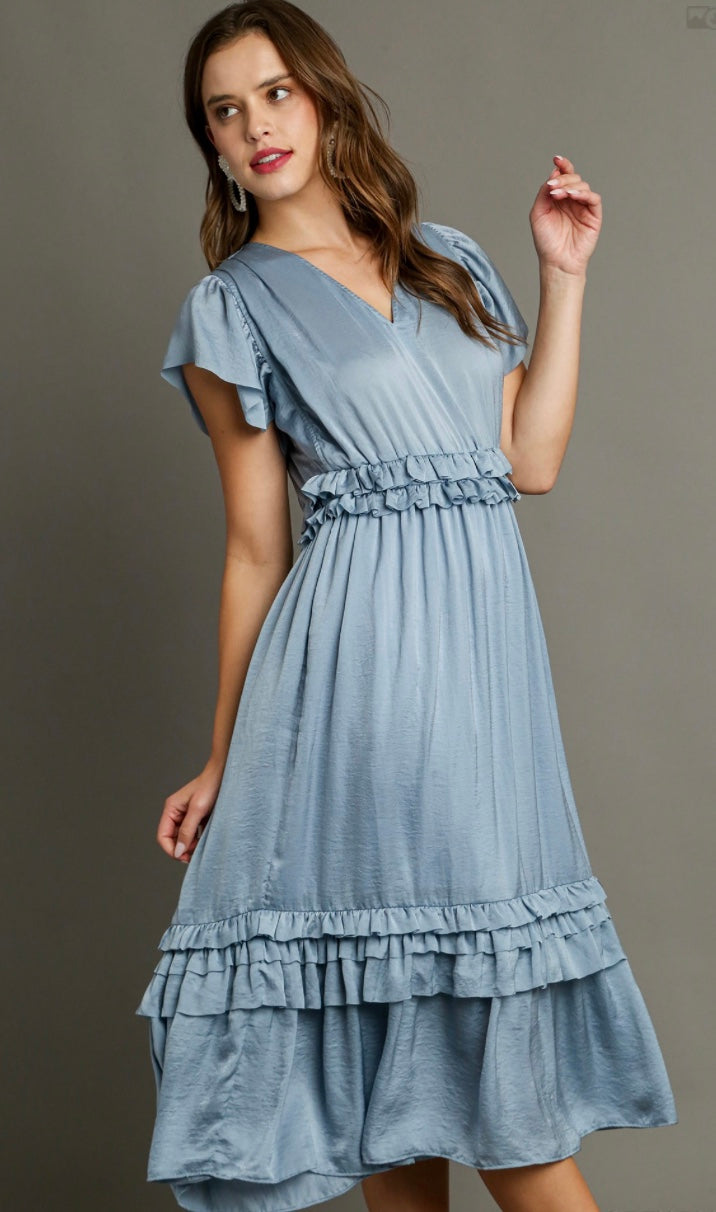 V-Neck Ruffle Trim Maxi Dress with Pleated Details