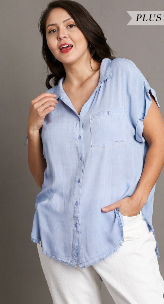 Washed Button Up Short Sleeve Top with Frayed Hemline Extended Size