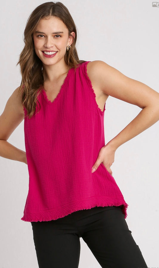 Cotton Gauze Sleeveless, V-Neck High Low Hem Top with Fray Details