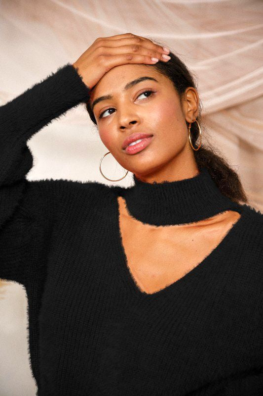 Fuzzy Plunge Neck Sweater