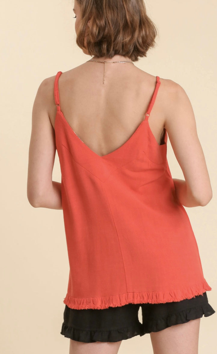 Linen Blend V-Neck Tank Top with Ruffle Hem