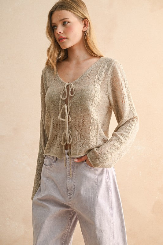 Lace Contrasted Tie Front Knitted Cardigan