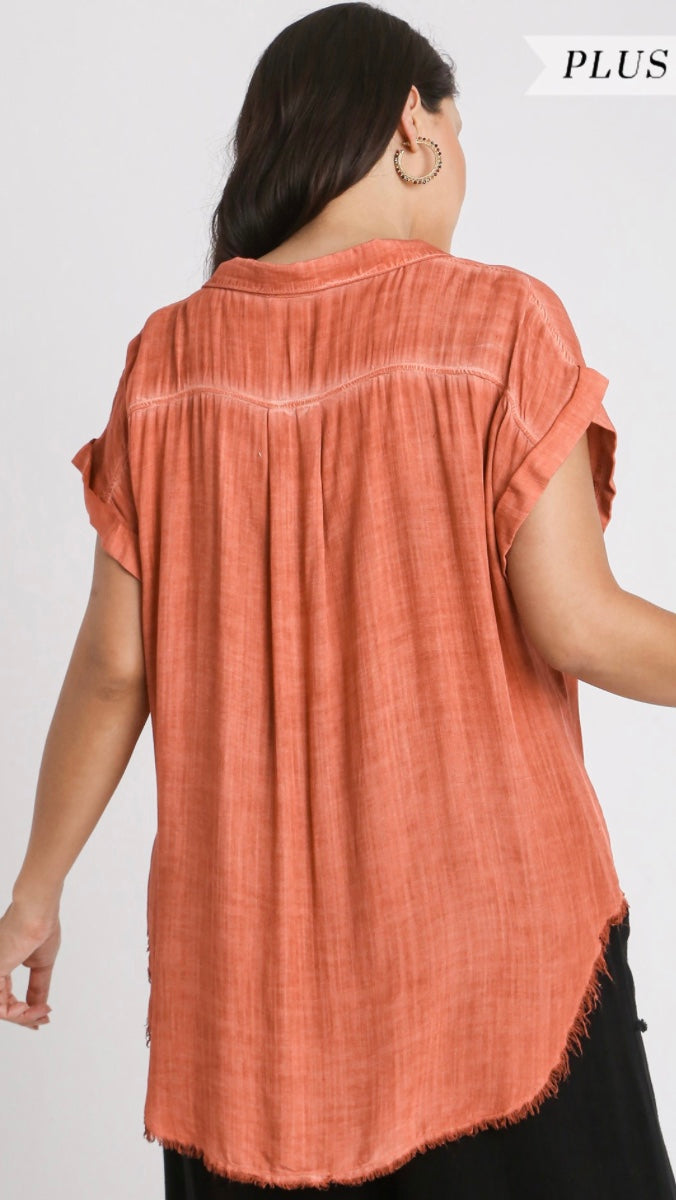 Washed Button Up Short Sleeve Top with Frayed Hemline Extended Size